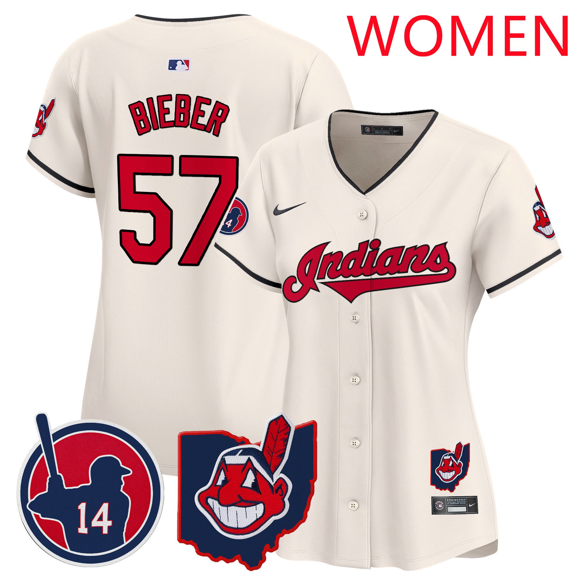Women Cleveland Indians #57 Bieber Cream Nike 2025 Patch Vapor Premier Limited MLB Jersey